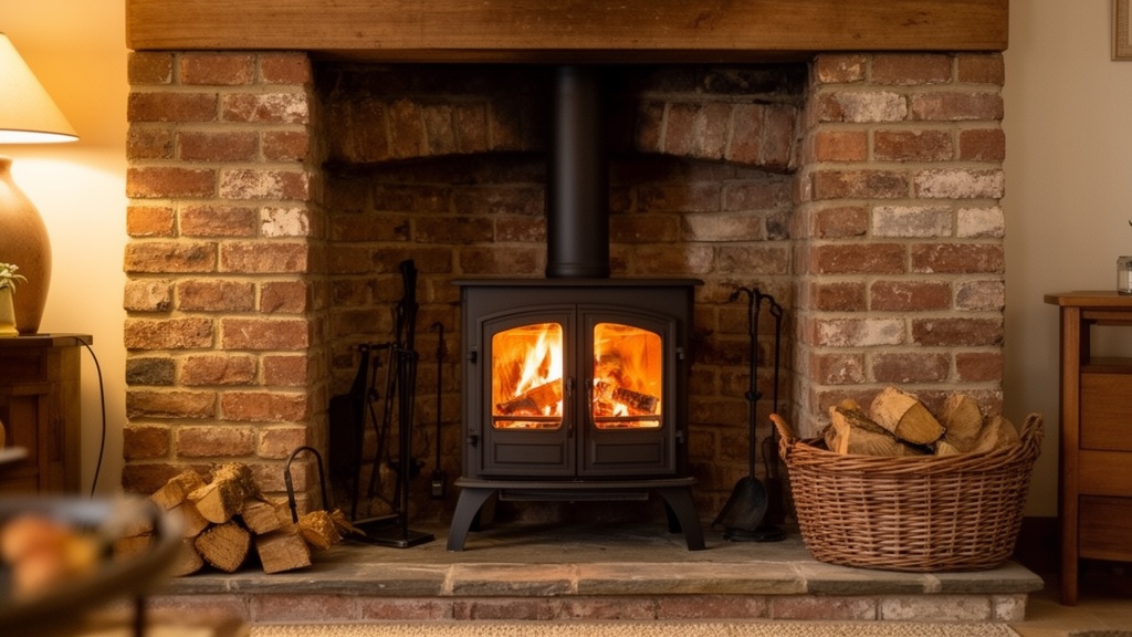 Stove with burning fire in brick fireplace